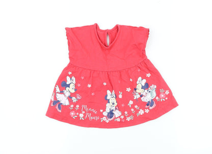 George Girls Pink 100% Cotton Skater Dress Size 6-9 Months High Neck - Minnie Mouse