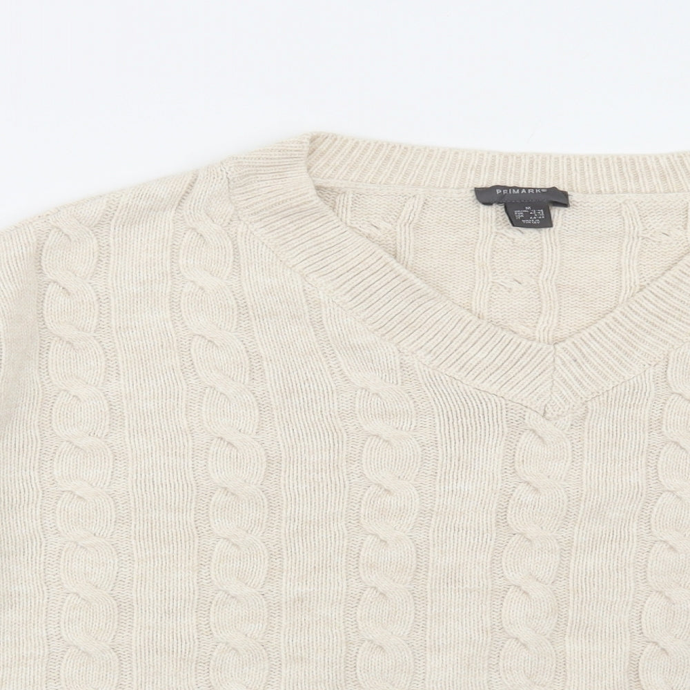 Primark Womens Beige V-Neck Acrylic Pullover Jumper Size M