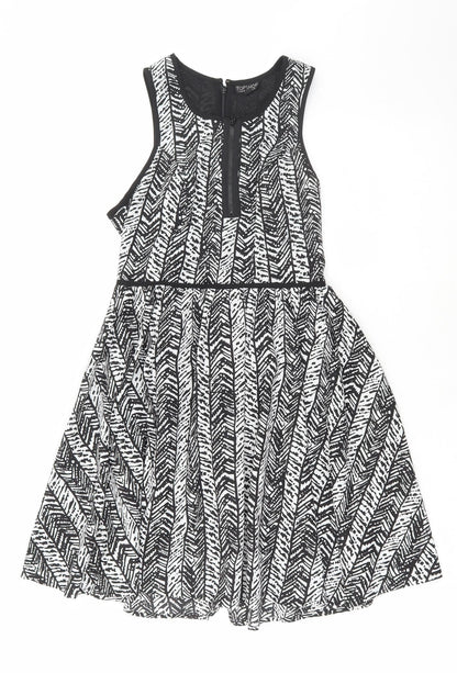 Topshop Womens Black Geometric Polyester Skater Dress Size 10 Round Neck
