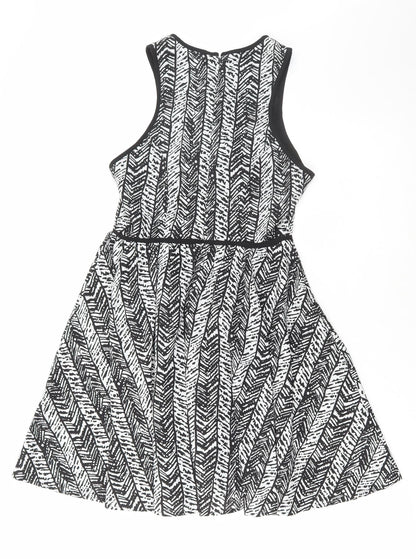 Topshop Womens Black Geometric Polyester Skater Dress Size 10 Round Neck