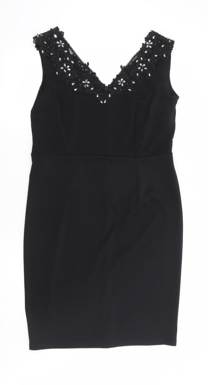 Dorothy Perkins Womens Black Polyester Pencil Dress Size M V-Neck Zip