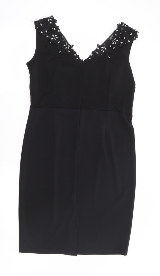 Dorothy Perkins Womens Black Polyester Pencil Dress Size M V-Neck Zip