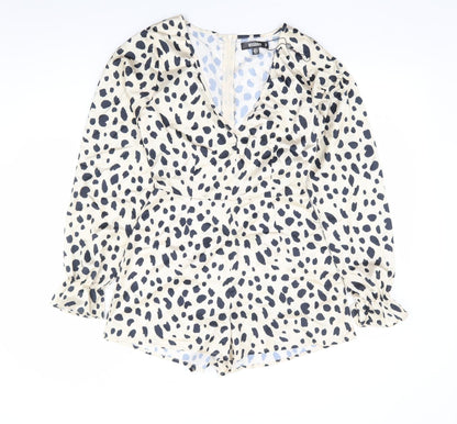 Missguided Womens Beige Animal Print Polyester Playsuit One-Piece Size 4 Zip