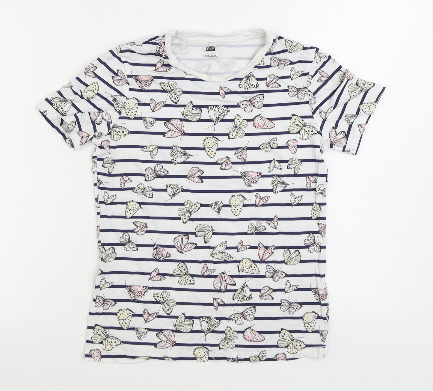 F&F Womens White Striped Cotton Basic T-Shirt Size 6 Round Neck