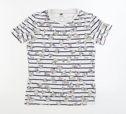 F&F Womens White Striped Cotton Basic T-Shirt Size 6 Round Neck