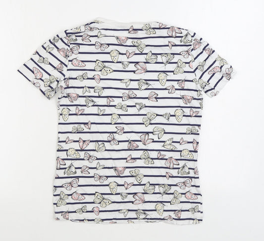 F&F Womens White Striped Cotton Basic T-Shirt Size 6 Round Neck