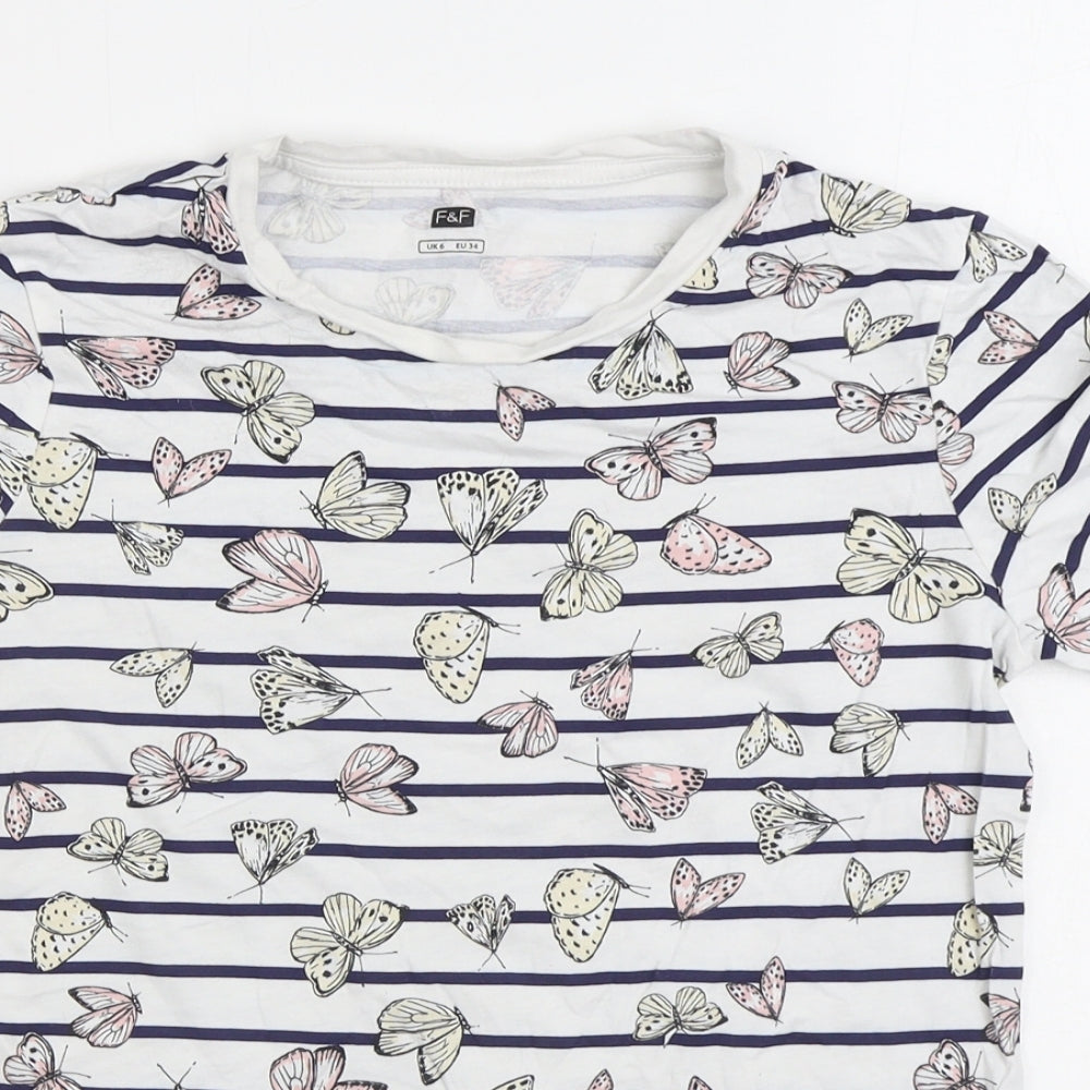 F&F Womens White Striped Cotton Basic T-Shirt Size 6 Round Neck