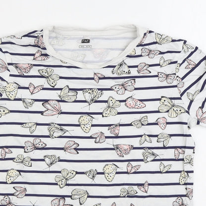 F&F Womens White Striped Cotton Basic T-Shirt Size 6 Round Neck