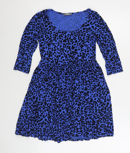 South Womens Blue Animal Print Viscose Skater Dress Size 10 Scoop Neck Pullover