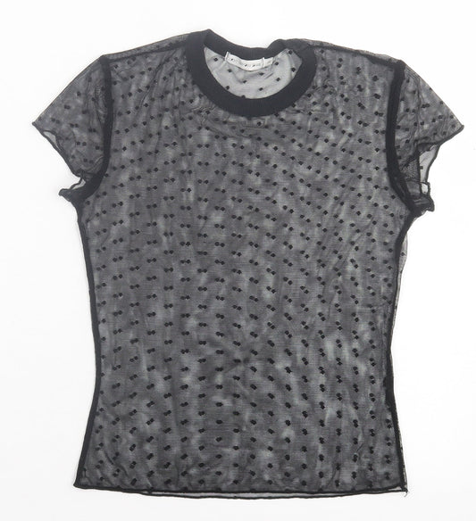 Light Before Dark Womens Black Polka Dot Polyester Cropped T-Shirt Size XS Crew Neck