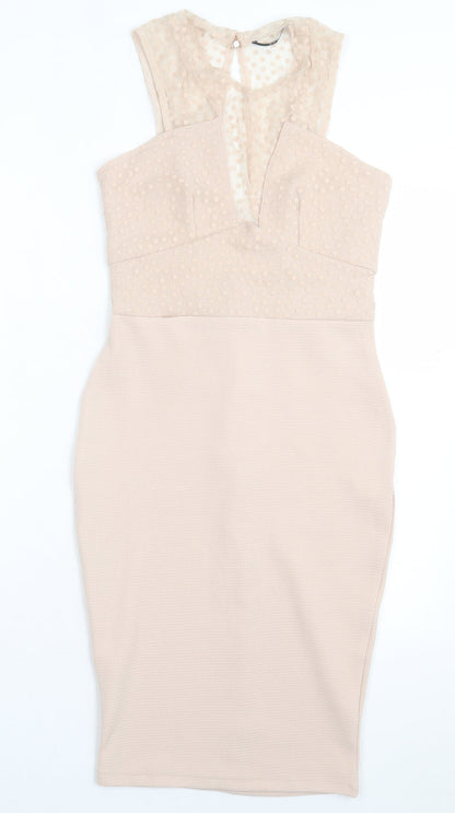 TFNC Womens Beige Polka Dot Polyester Bodycon Size M Crew Neck Button