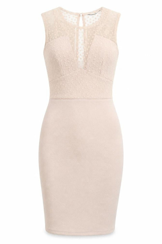 TFNC Womens Beige Polka Dot Polyester Bodycon Size M Crew Neck Button