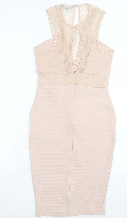 TFNC Womens Beige Polka Dot Polyester Bodycon Size M Crew Neck Button