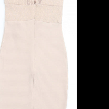 TFNC Womens Beige Polka Dot Polyester Bodycon Size M Crew Neck Button