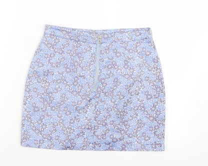 Exhibit Womens Blue Floral Polyester A-Line Skirt Size 8 Zip