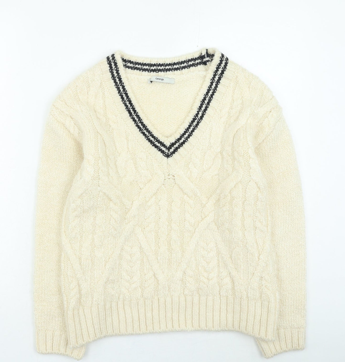 George Womens Beige V-Neck Acrylic Pullover Jumper Size S