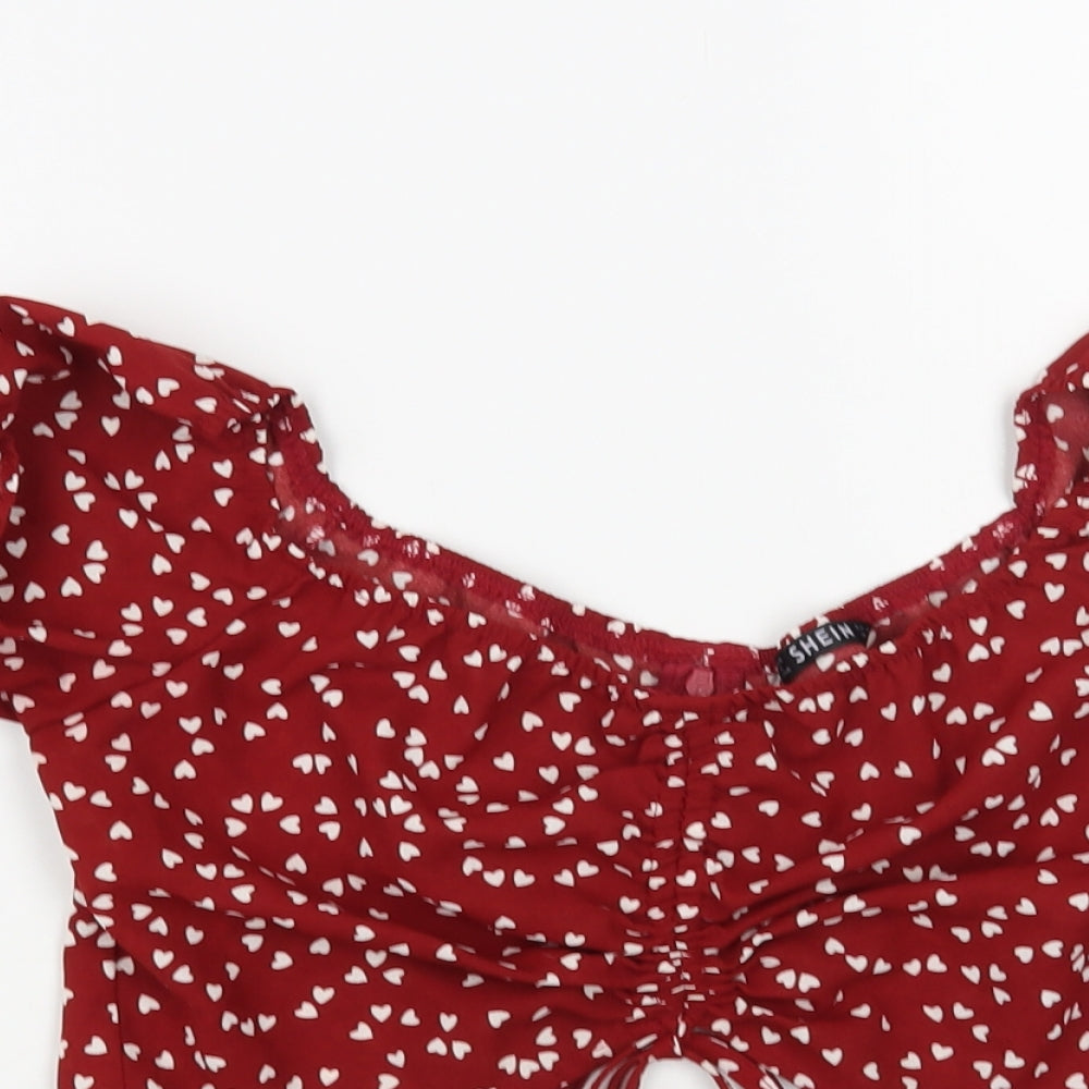SheIn Womens Red Geometric Polyester Cropped Blouse Size XS Off the Shoulder - Heart Print
