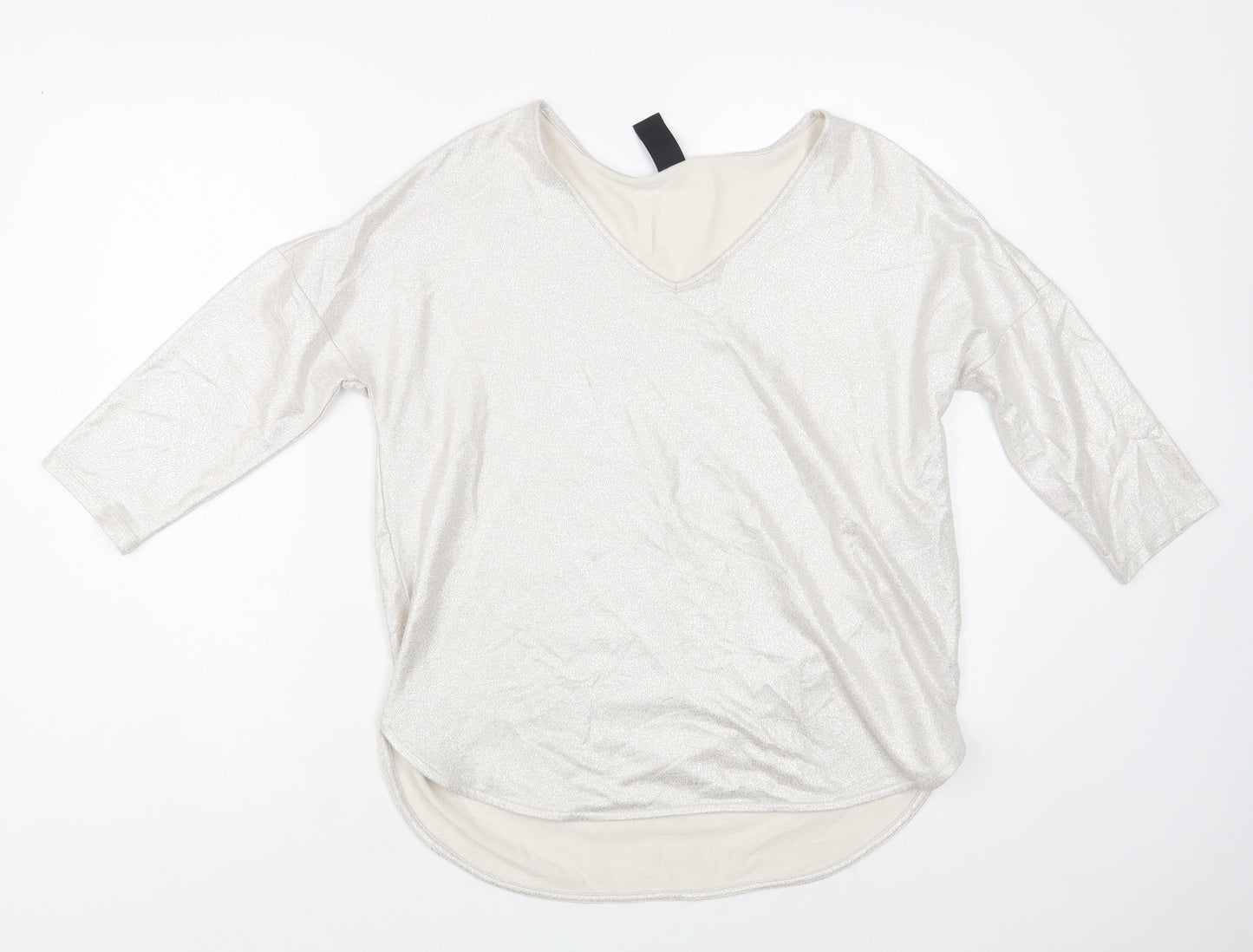 TU Womens Silver Polyester Basic Blouse Size 12 V-Neck - Metallic Look