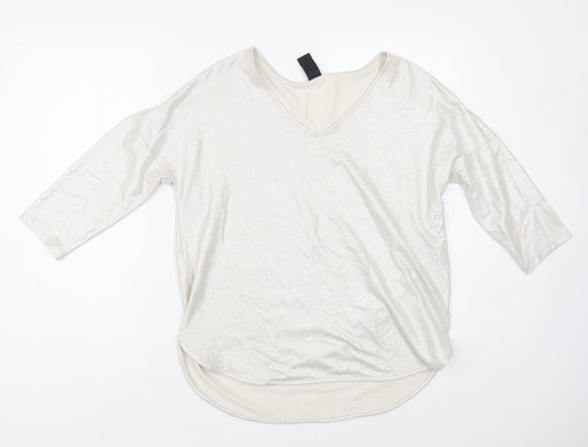 TU Womens Silver Polyester Basic Blouse Size 12 V-Neck - Metallic Look