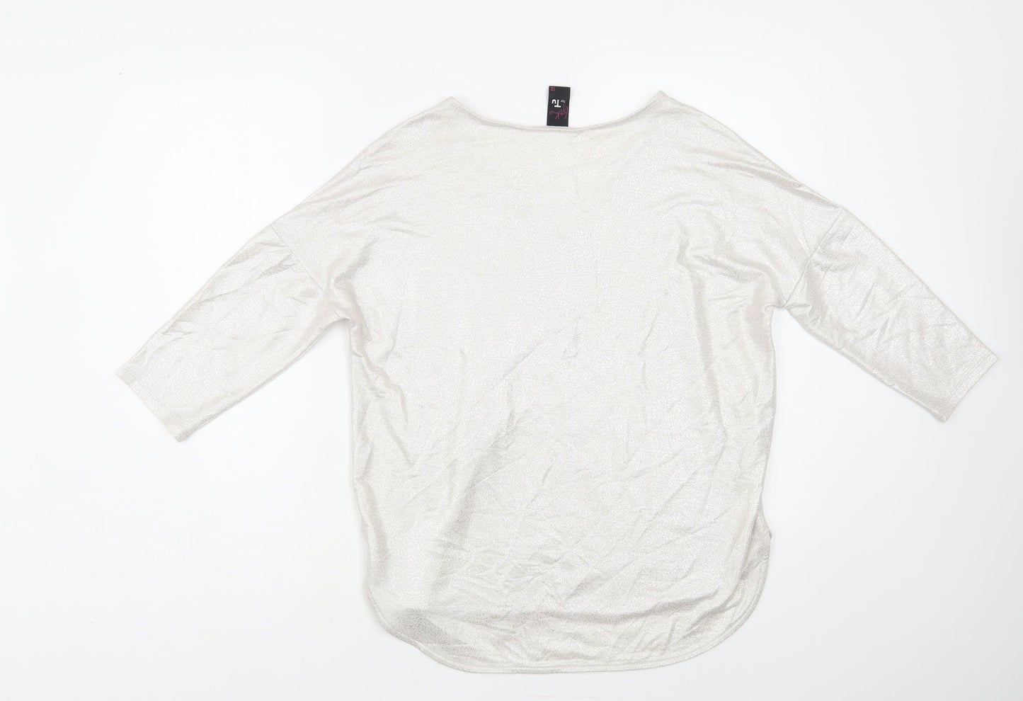 TU Womens Silver Polyester Basic Blouse Size 12 V-Neck - Metallic Look