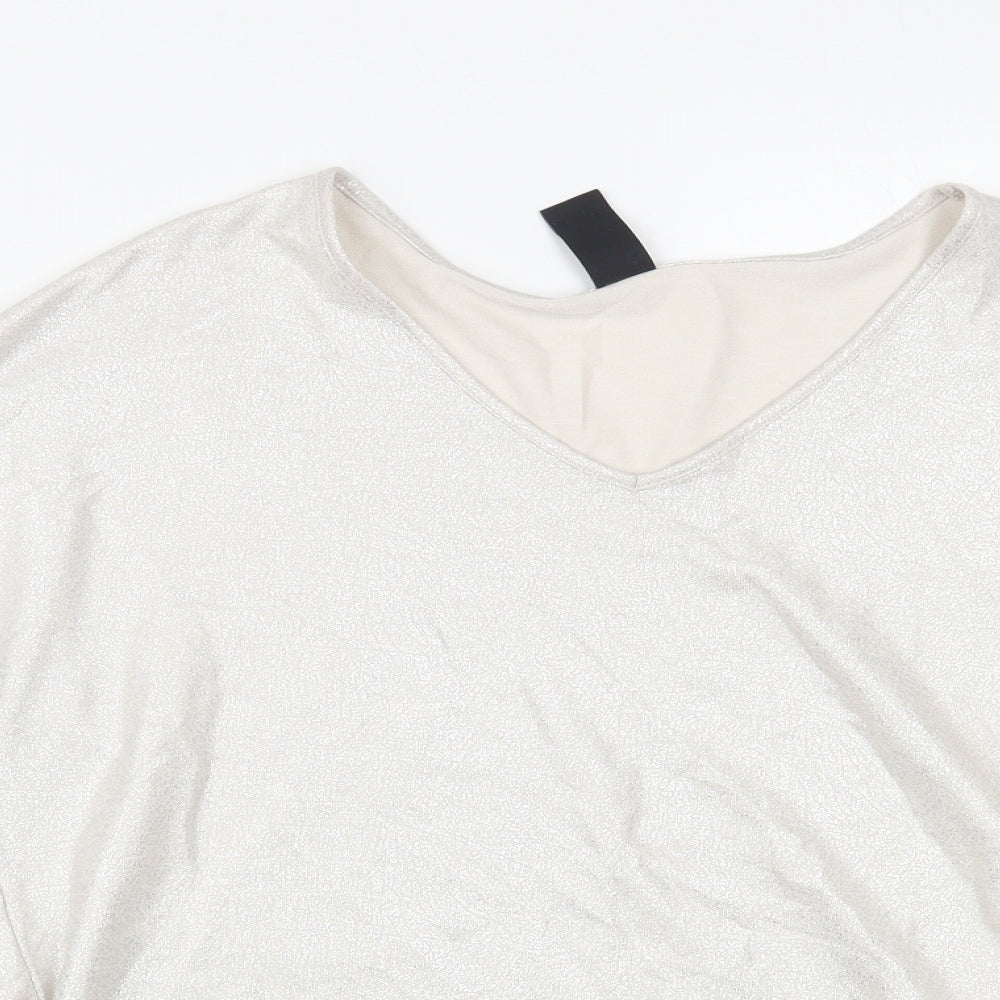 TU Womens Silver Polyester Basic Blouse Size 12 V-Neck - Metallic Look
