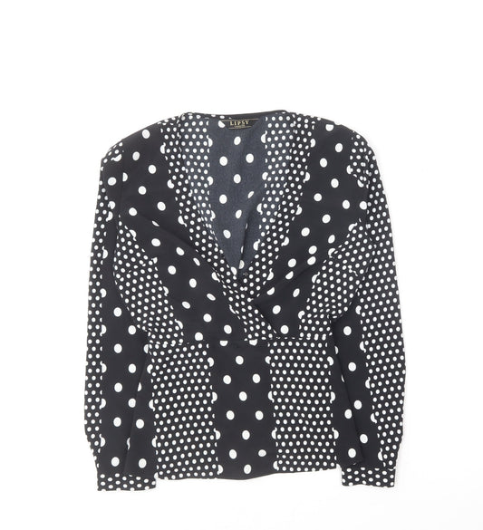 Lipsy Womens Black Polka Dot Polyester Basic Blouse Size 8 V-Neck