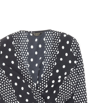 Lipsy Womens Black Polka Dot Polyester Basic Blouse Size 8 V-Neck