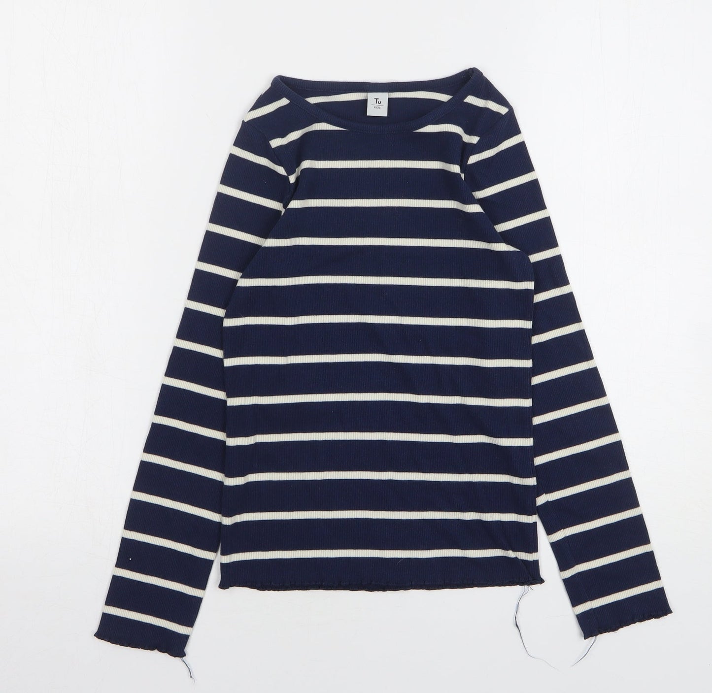 TU Girls Blue Striped Cotton Basic T-Shirt Size 10 Years Round Neck
