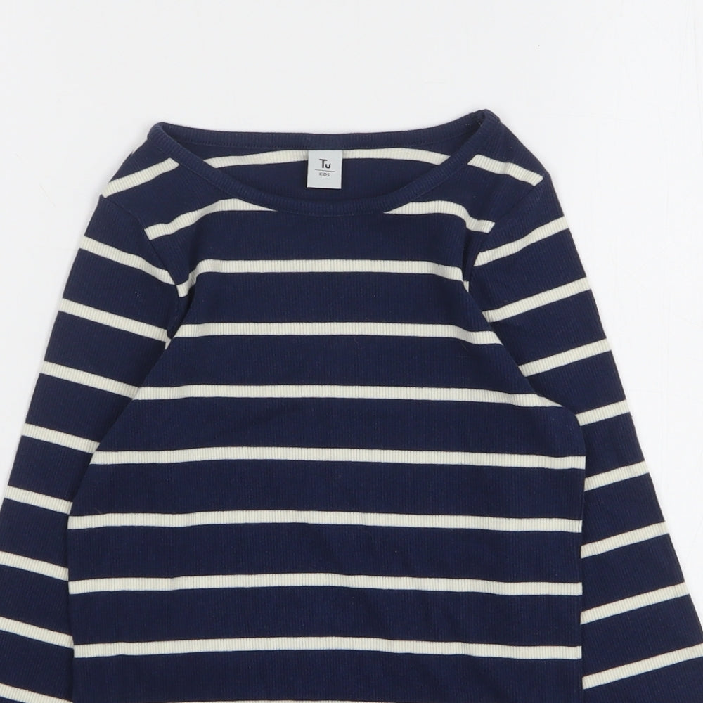 TU Girls Blue Striped Cotton Basic T-Shirt Size 10 Years Round Neck