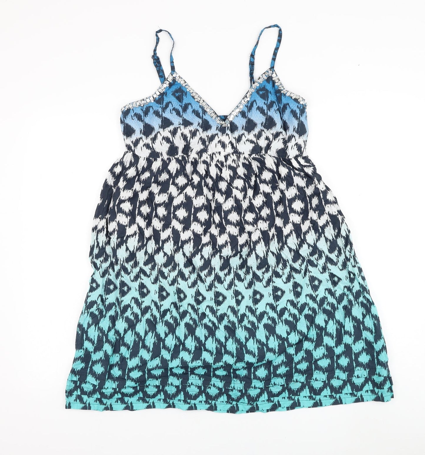 Peacocks Womens Blue Geometric Cotton Shift Size S V-Neck Pullover