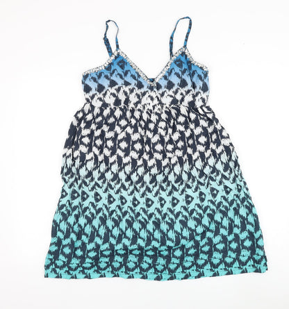 Peacocks Womens Blue Geometric Cotton Shift Size S V-Neck Pullover