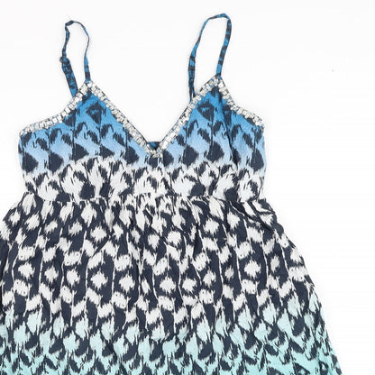 Peacocks Womens Blue Geometric Cotton Shift Size S V-Neck Pullover