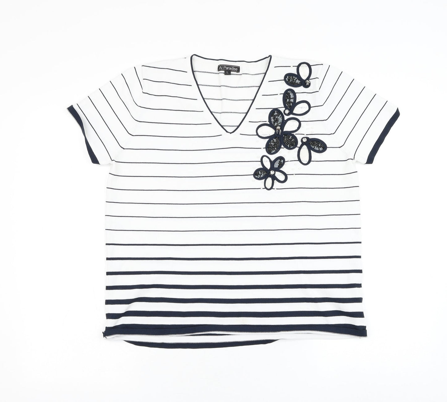 Al Paradise Womens White Striped Viscose Basic Blouse Size L V-Neck - Flower