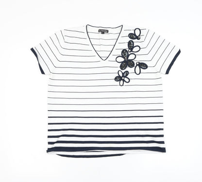 Al Paradise Womens White Striped Viscose Basic Blouse Size L V-Neck - Flower