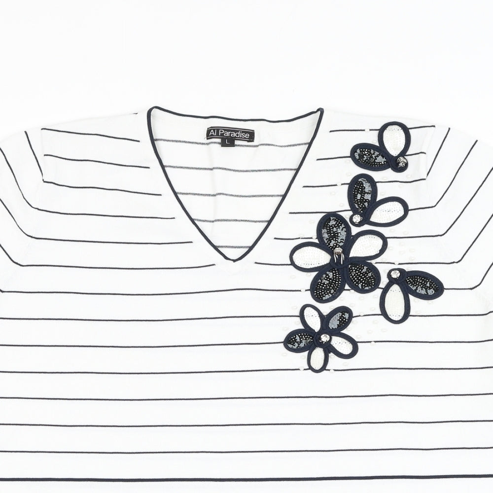 Al Paradise Womens White Striped Viscose Basic Blouse Size L V-Neck - Flower