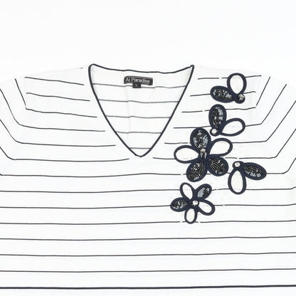 Al Paradise Womens White Striped Viscose Basic Blouse Size L V-Neck - Flower