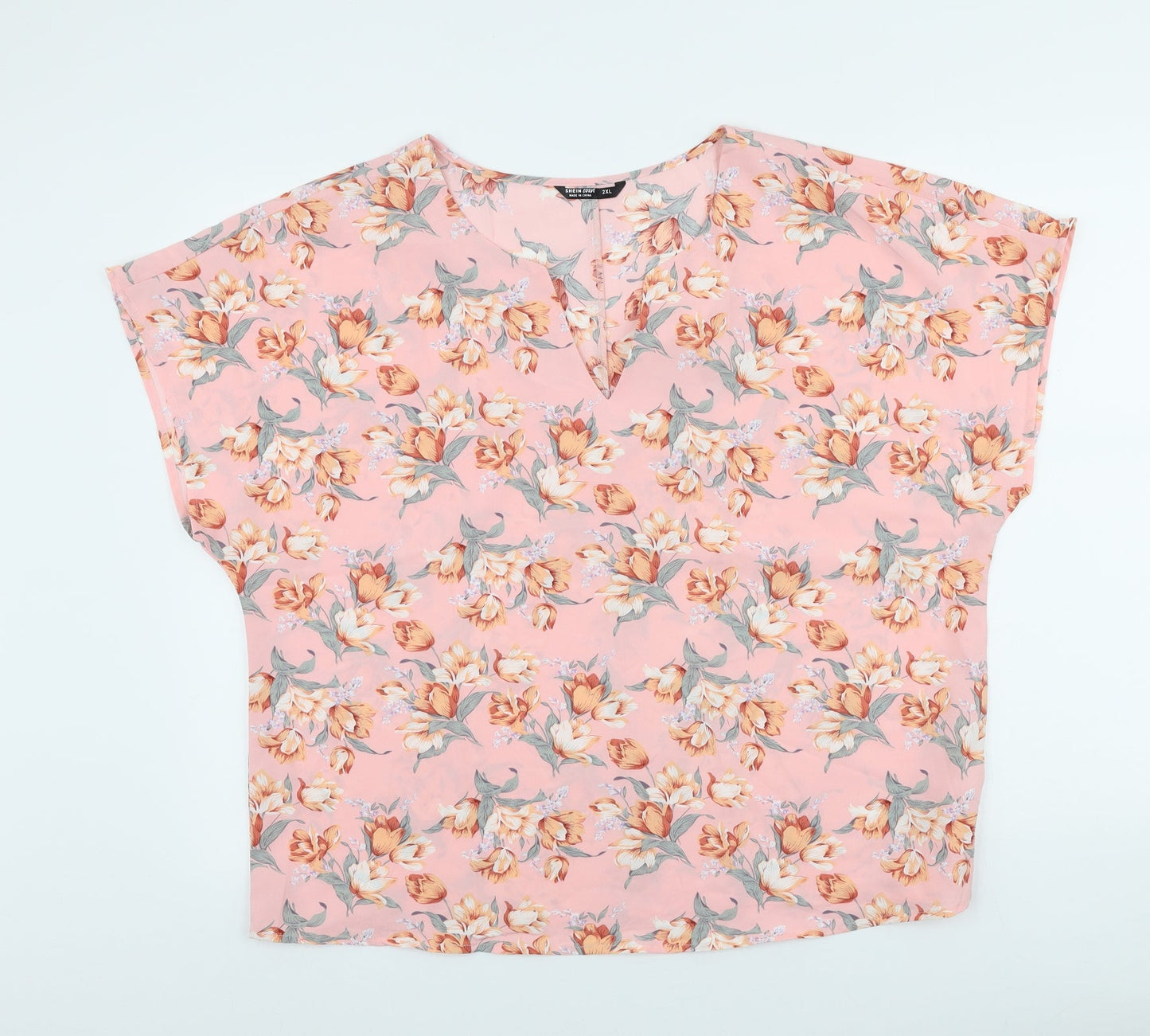 SheIn Womens Pink Floral Polyester Basic Blouse Size 2XL V-Neck