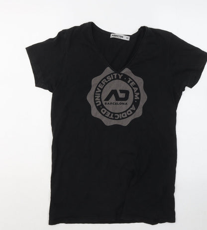 addictied Womens Black Cotton Basic T-Shirt Size S V-Neck