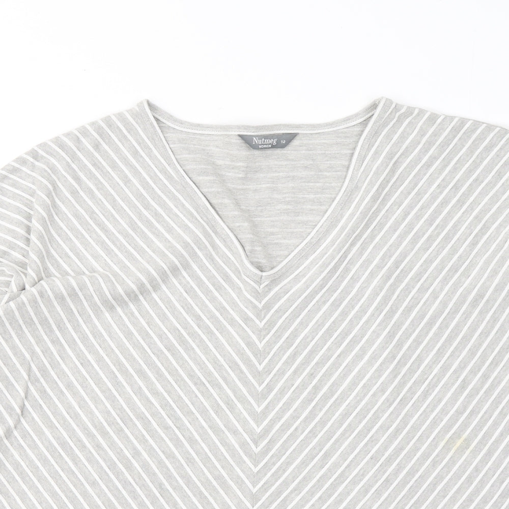 Nutmeg Womens Grey Striped Cotton Basic T-Shirt Size 12 V-Neck
