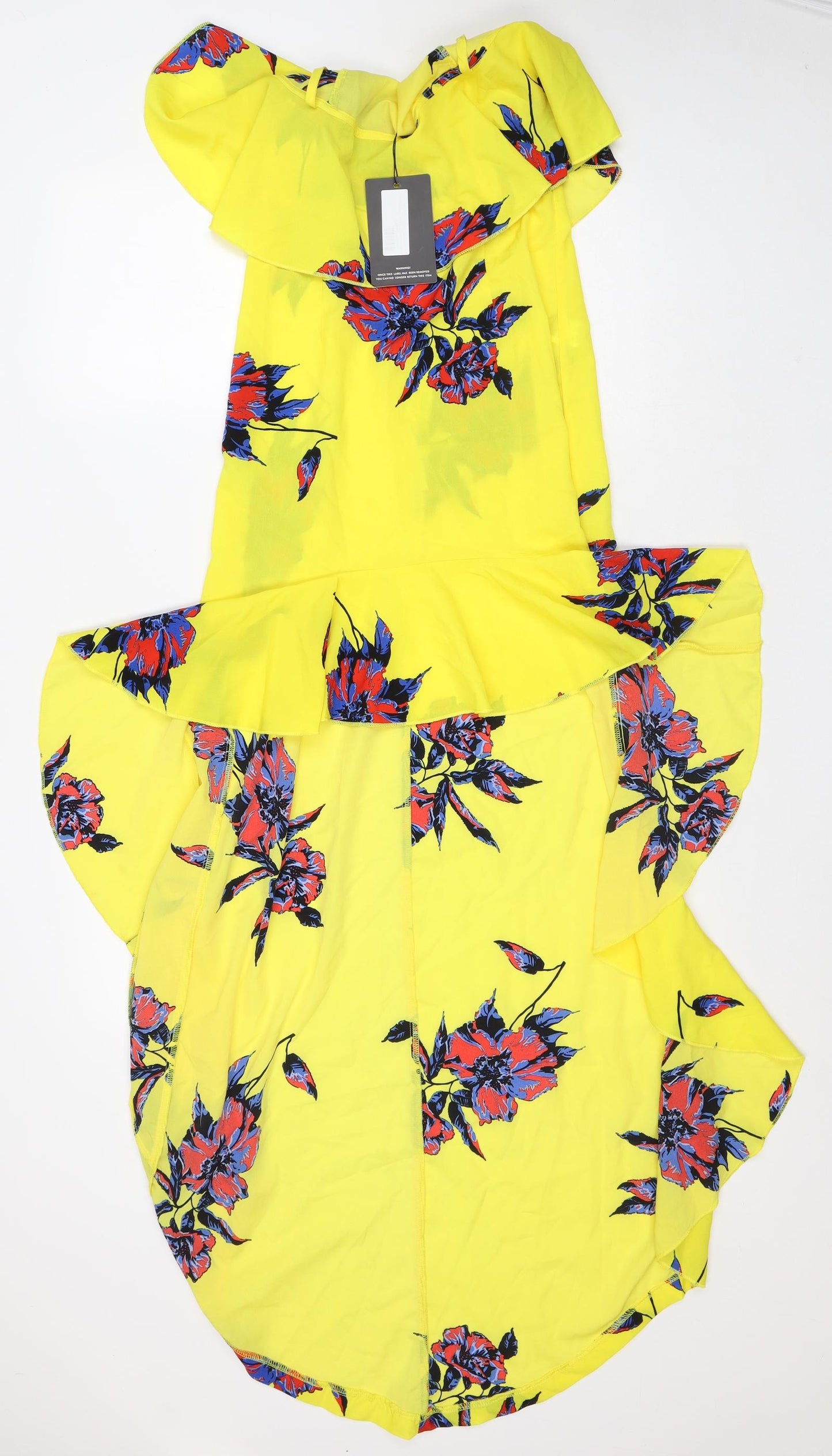 PRETTYLITTLETHING Womens Yellow Floral Patent Leather Maxi Size 6 Off the Shoulder - Short front Long Back