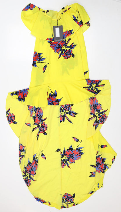 PRETTYLITTLETHING Womens Yellow Floral Patent Leather Maxi Size 6 Off the Shoulder - Short front Long Back