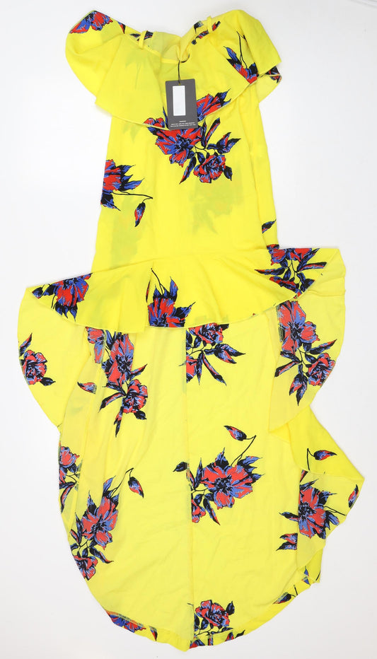 PRETTYLITTLETHING Womens Yellow Floral Patent Leather Maxi Size 6 Off the Shoulder - Short front Long Back