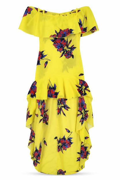 PRETTYLITTLETHING Womens Yellow Floral Patent Leather Maxi Size 6 Off the Shoulder - Short front Long Back