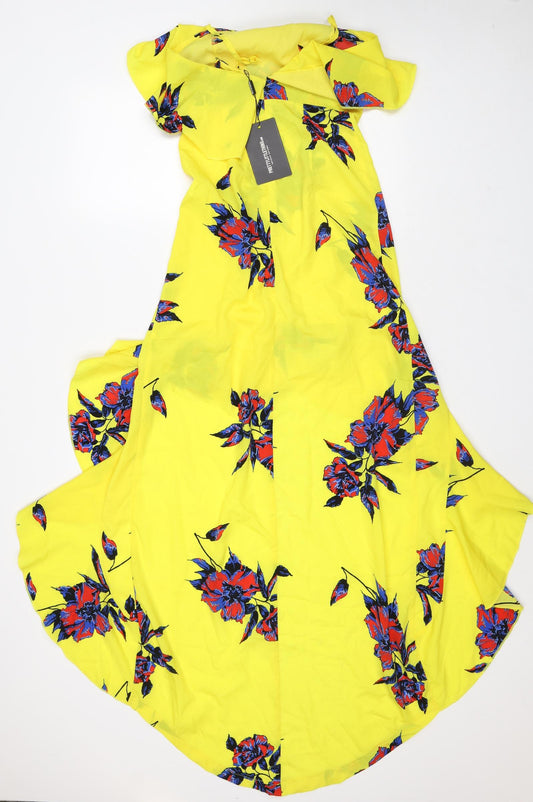 PRETTYLITTLETHING Womens Yellow Floral Patent Leather Maxi Size 6 Off the Shoulder - Short front Long Back