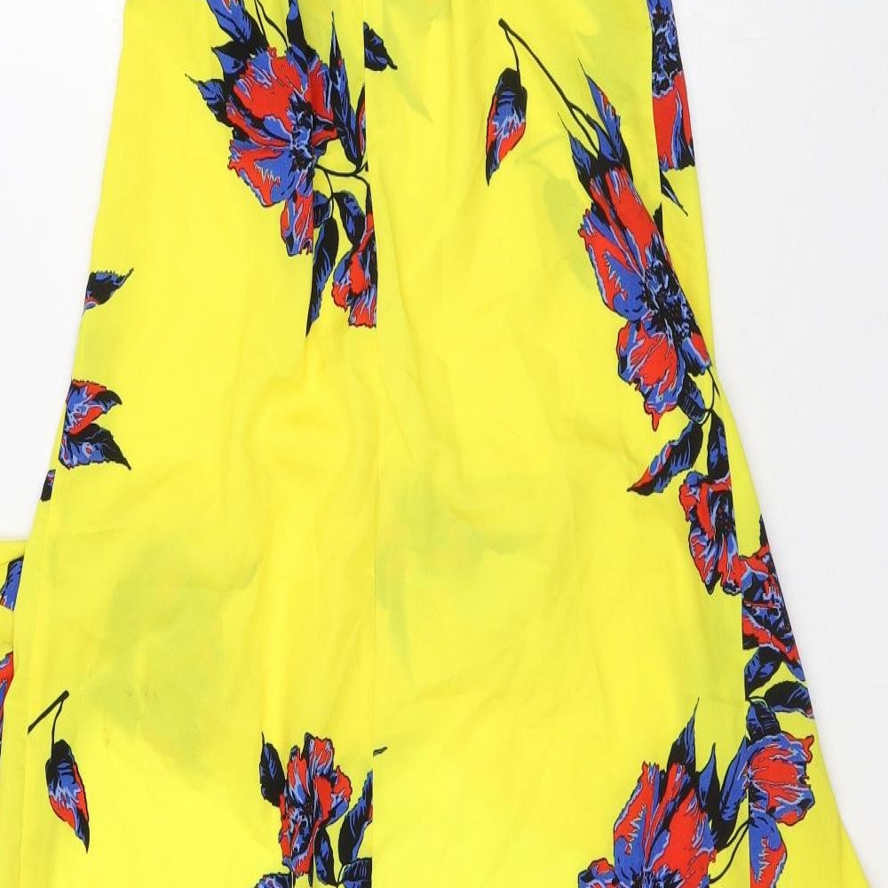 PRETTYLITTLETHING Womens Yellow Floral Patent Leather Maxi Size 6 Off the Shoulder - Short front Long Back