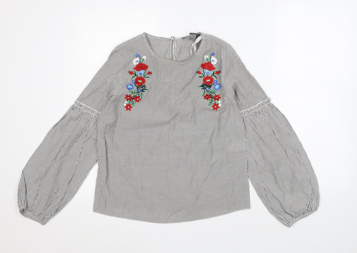 Primark Womens Grey Striped Polyester Tunic Blouse Size 8 Round Neck