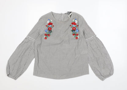 Primark Womens Grey Striped Polyester Tunic Blouse Size 8 Round Neck