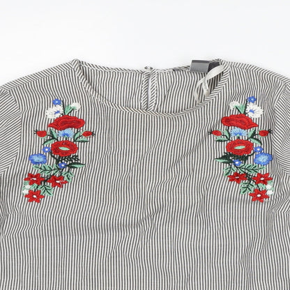 Primark Womens Grey Striped Polyester Tunic Blouse Size 8 Round Neck