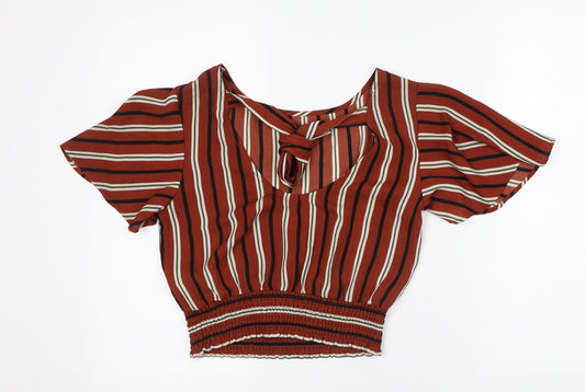 FOREVER 21 Womens Brown Striped Polyester Cropped Blouse Size S V-Neck