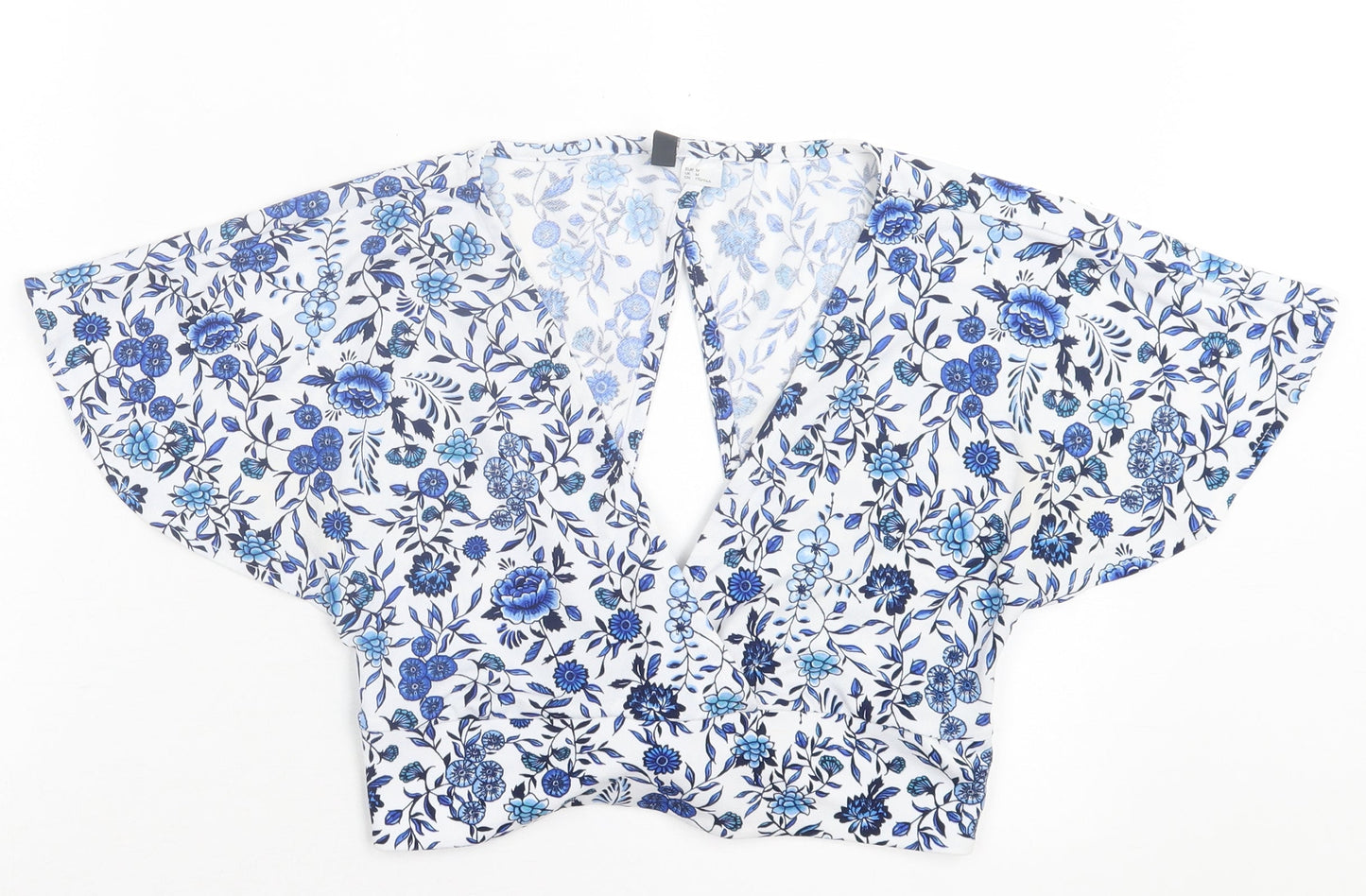 H&M Womens Blue Floral Polyester Cropped T-Shirt Size S V-Neck